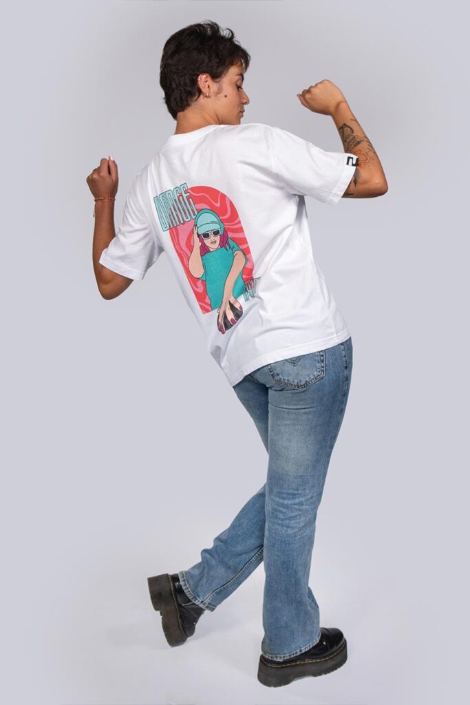 organic cotton white dj t-shirt with bold colorful backprint from counting memories disco house collection