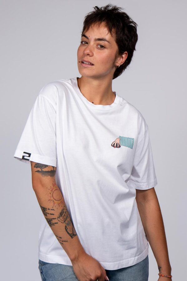 organic cotton white dj t-shirt with bold colorful backprint from counting memories disco house collection
