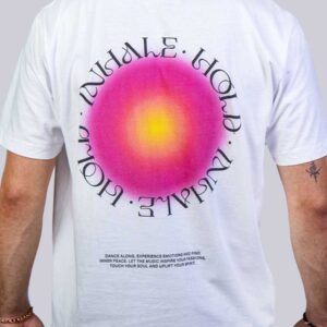 organic cotton fair wear white Meditate t-shirt with bold backprint from counting memories escape reality collection