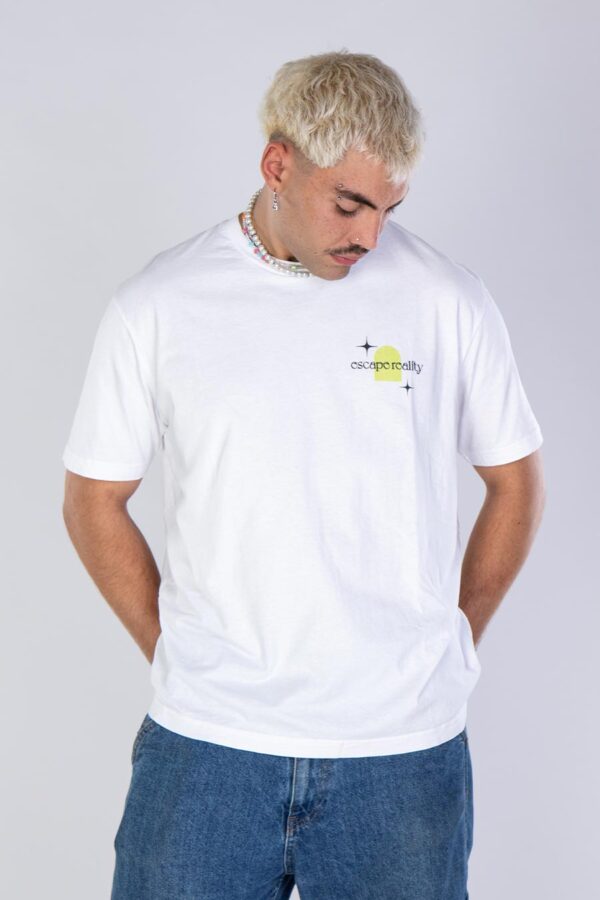 organic cotton white trance t-shirt with colorful backprint from counting memories escape reality collection