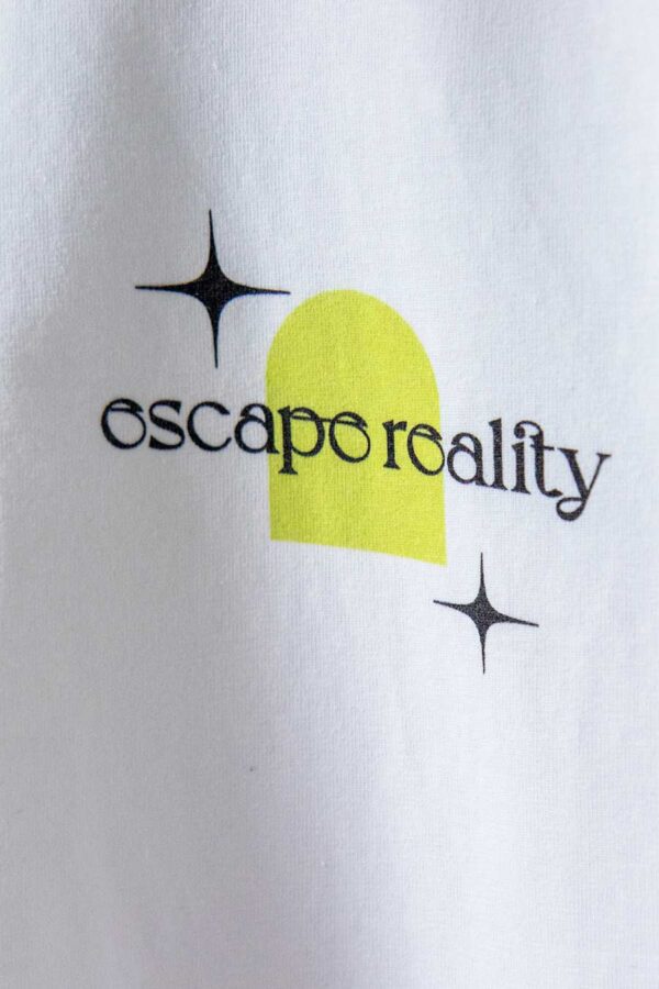 organic cotton white trance t-shirt with colorful backprint from counting memories escape reality collection