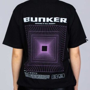 organic cotton fair wear black Bunker t-shirt with bold backprint from counting memories techno collection