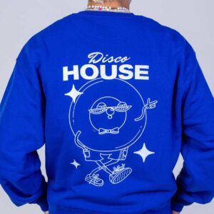 Counting Memories organic cotton blue Disco House Vinyl Sweater with backprint in size L