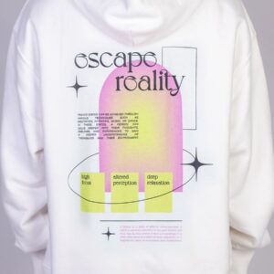 organic cotton fair wear white Trance Hoodie with bold backprint from counting memories escape reality collection size m
