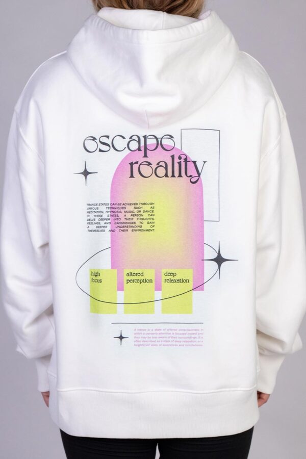 organic cotton fair wear white Trance Hoodie with bold backprint from counting memories escape reality collection size m