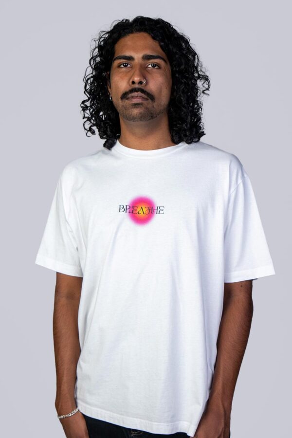 organic cotton fair wear white Meditate t-shirt with bold backprint from counting memories escape reality collection