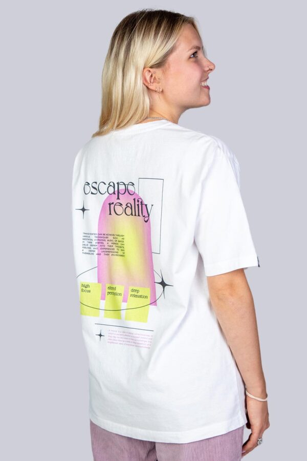 organic cotton white trance t-shirt with colorful backprint from counting memories escape reality collection