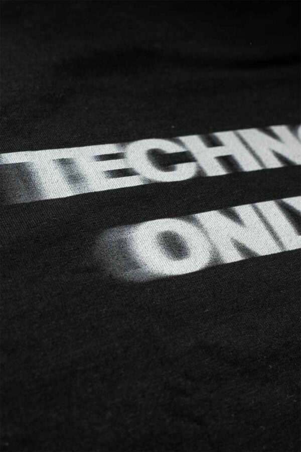 organic cotton fair wear black techno is my only drug t-shirt with bold backprint from counting memories techno collection