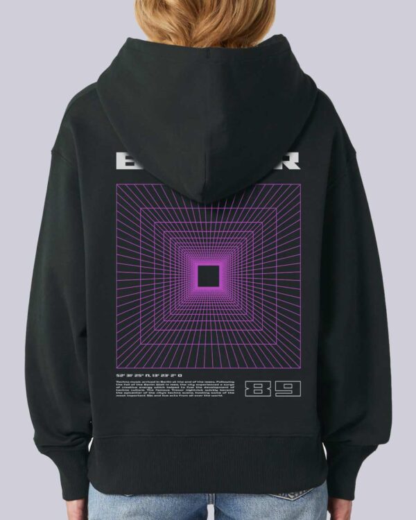 organic cotton fair wear black Bunker hoodie with bold backprint from counting memories techno collection