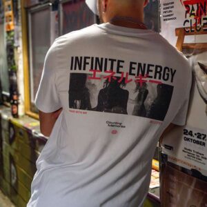 backprint of the organic cotton, fairwear Rave Memories Infinite Energy T-Shirt, worn by DJ collective Parakeet in