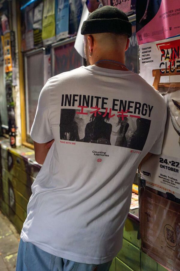 backprint of the organic cotton, fairwear Rave Memories Infinite Energy T-Shirt, worn by DJ collective Parakeet in